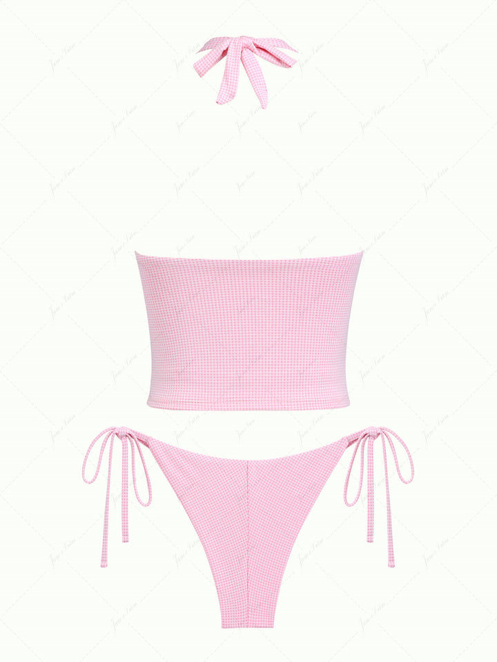 Light Pink Knitted Plaid Lace Halter Tank Top & Cheeky Brazilian Bottom Tankini Set