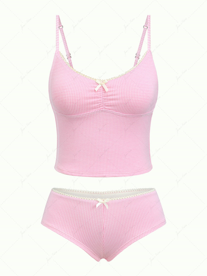 Light Pink Knitted Plaid Lace Bowknot Cheeky Boyshorts Tankini Set