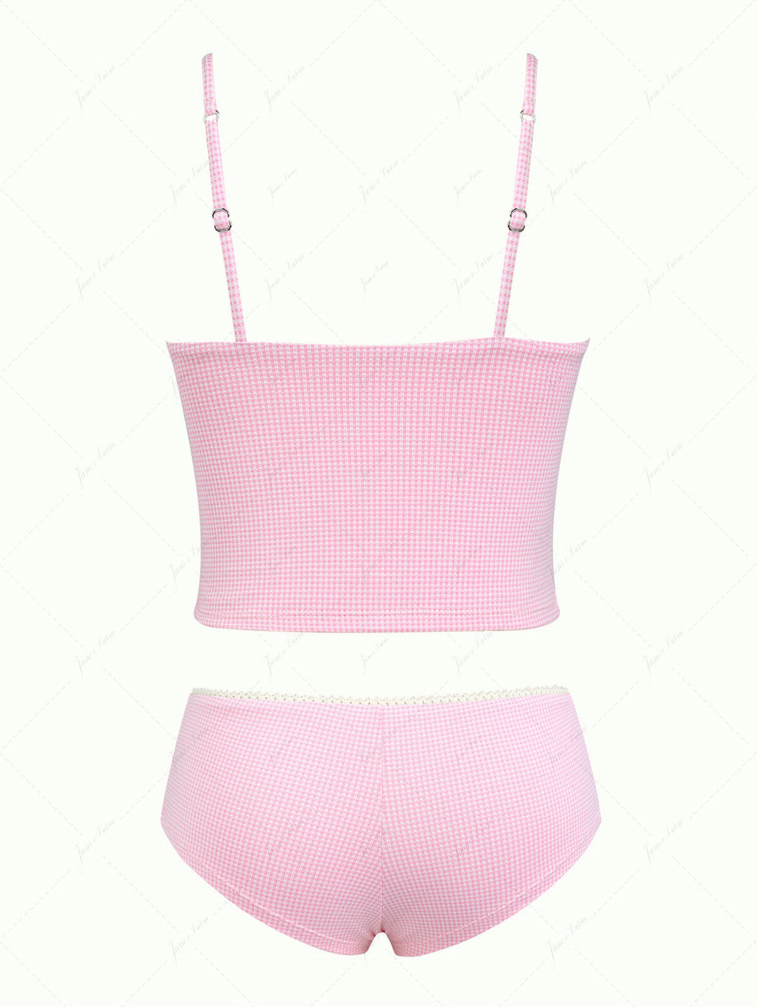 Light Pink Knitted Plaid Lace Bowknot Cheeky Boyshorts Tankini Set