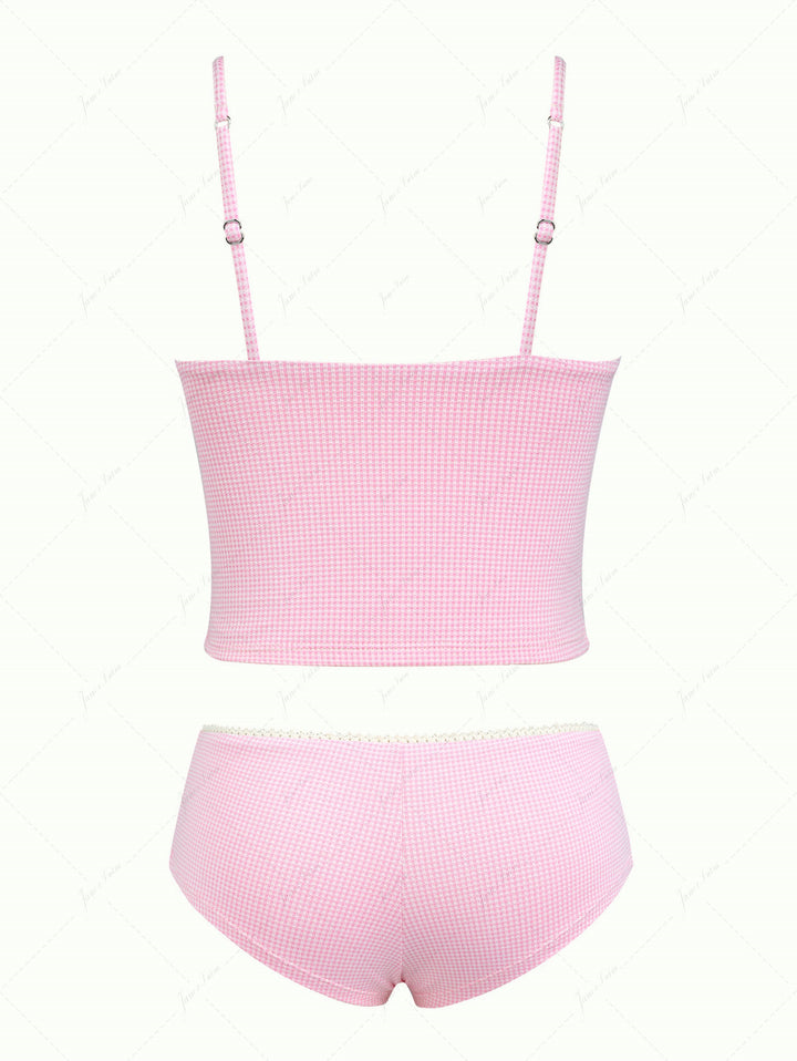 Light Pink Knitted Plaid Lace Bowknot Cheeky Boyshorts Tankini Set