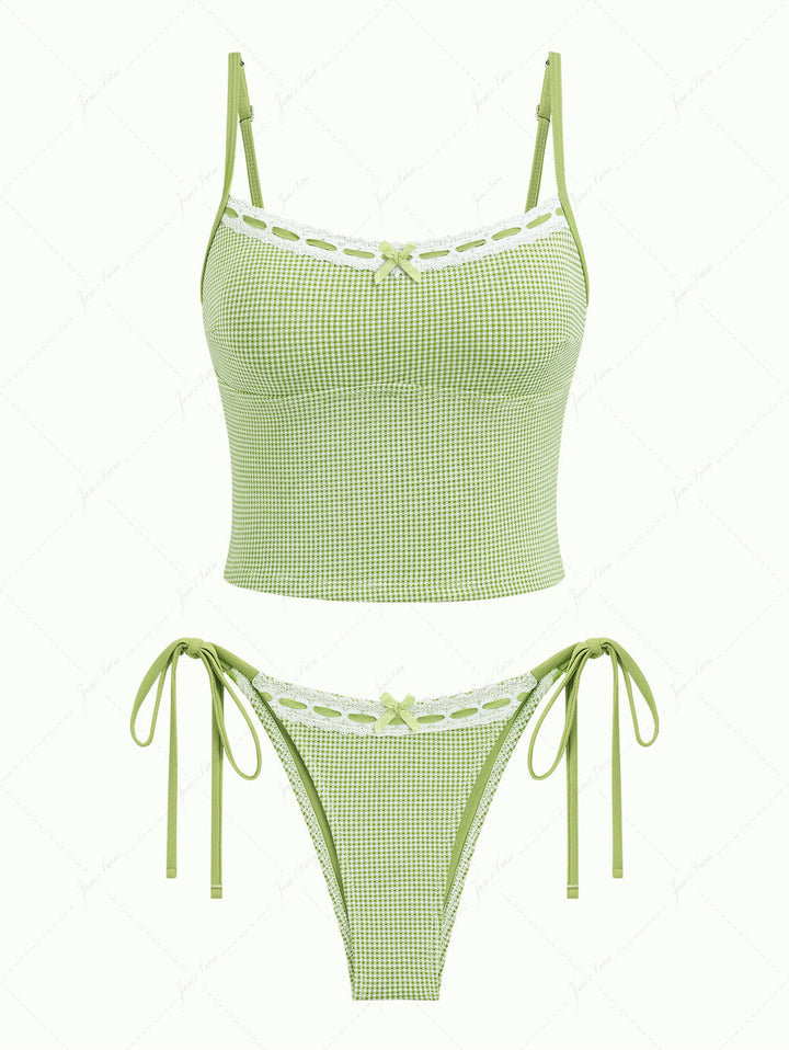 Green Plaid Lace Bowknot Tie Side Cheeky Tankini Set
