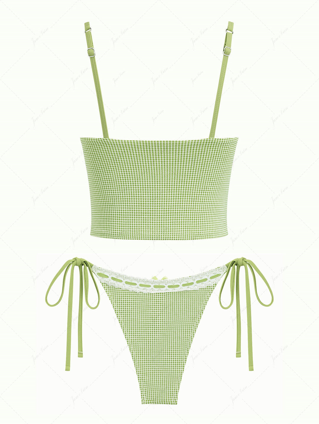 Green Plaid Lace Bowknot Tie Side Cheeky Tankini Set