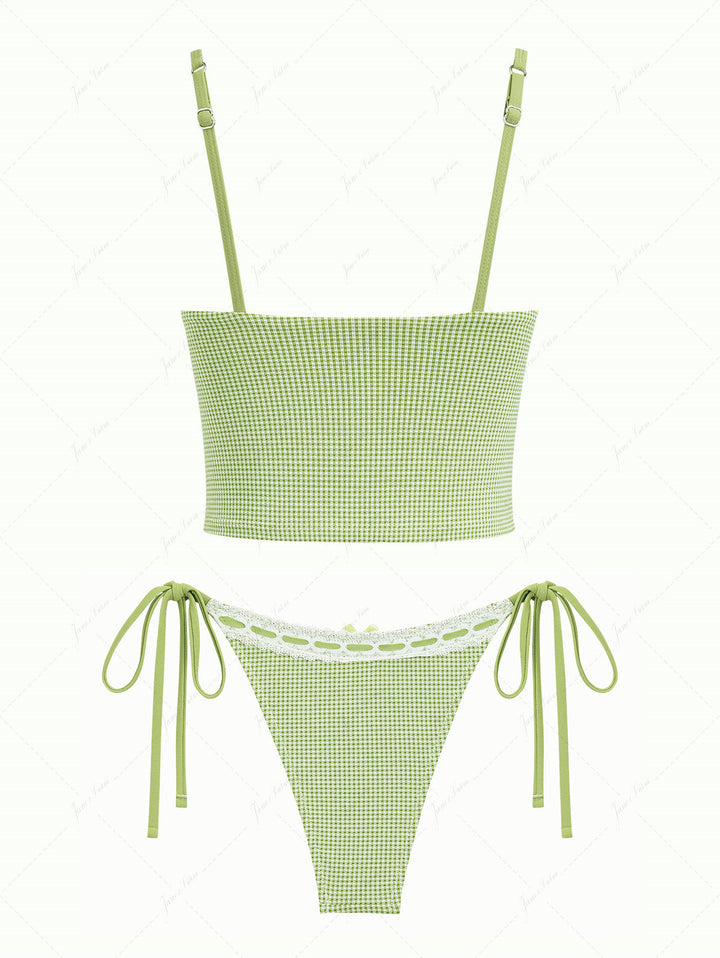 Green Plaid Lace Bowknot Tie Side Cheeky Tankini Set