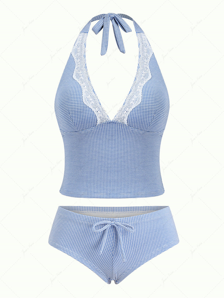 Blue Knitted Plaid Lace Halter Tied Cheeky Boyshorts Tankini Set