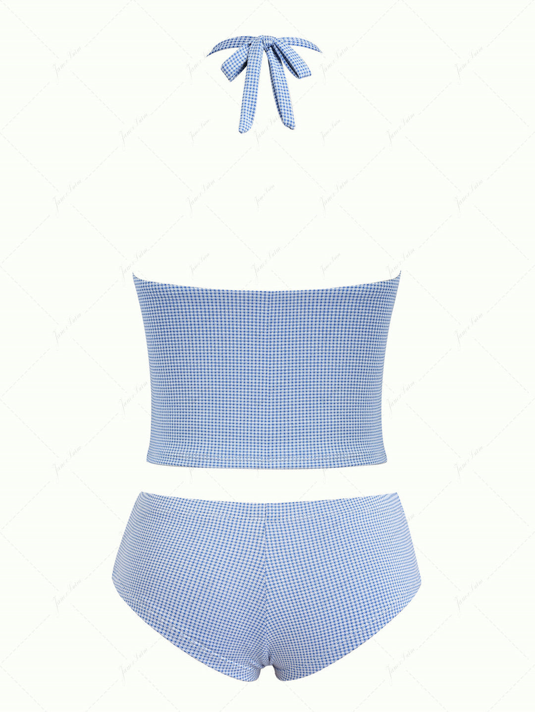 Blue Knitted Plaid Lace Halter Tied Cheeky Boyshorts Tankini Set