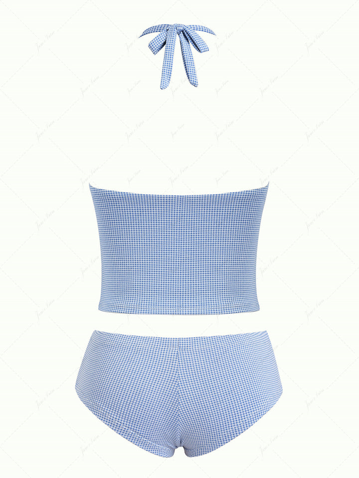 Blue Knitted Plaid Lace Halter Tied Cheeky Boyshorts Tankini Set
