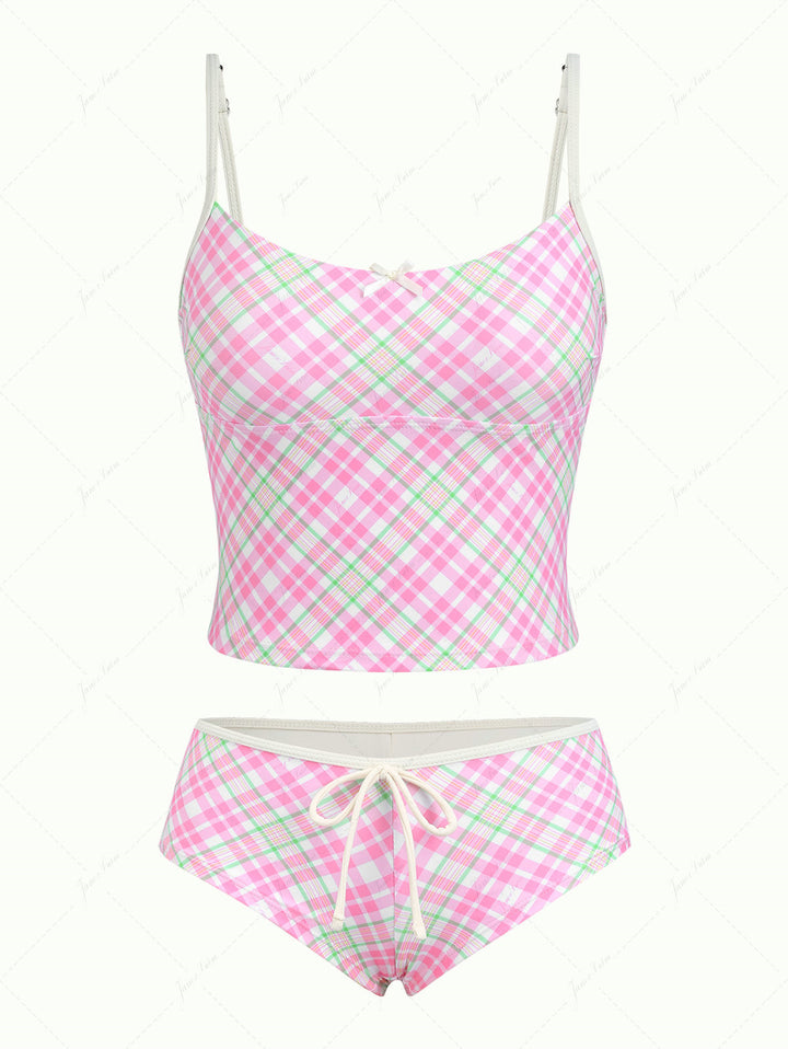 Light Pink Plaid Bowknot Cheeky Boyshorts Tankini Set