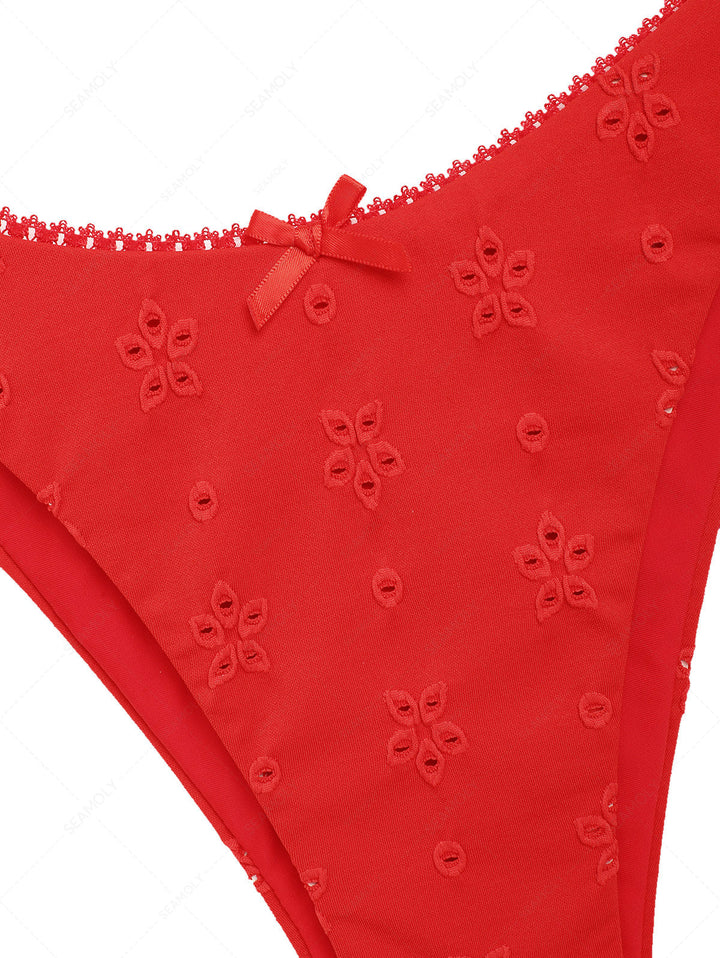 Seamolly Recycled Fabric Floral Jacquard Lace Trim Halter Triangle Cheeky Bikini Set