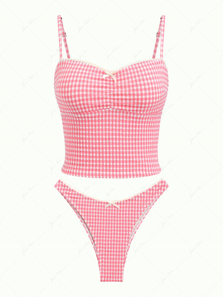 Red Bubble Grid Lace Bowknot Cheeky Tankini Set