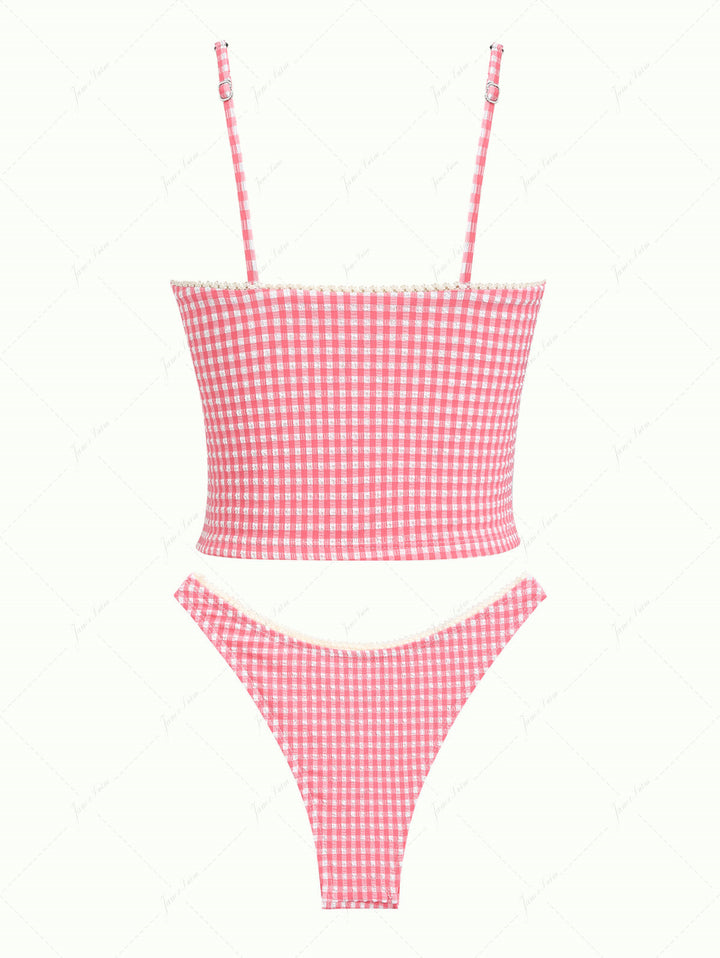 Red Bubble Grid Lace Bowknot Cheeky Tankini Set
