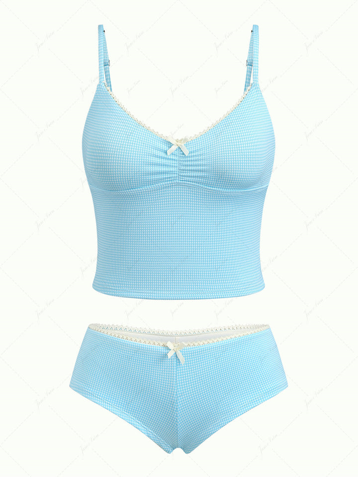 Sky Blue Plaid Ruched Lace Bowknot Cheeky Boyshorts Tankini Set