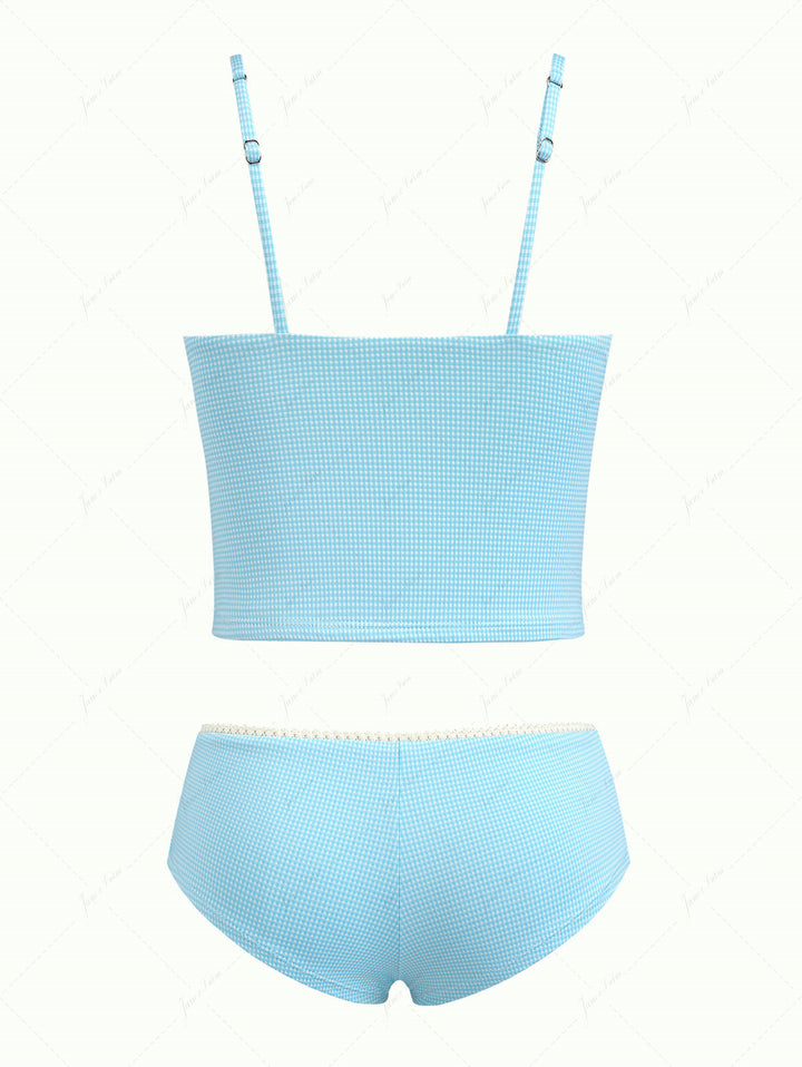 Sky Blue Plaid Ruched Lace Bowknot Cheeky Boyshorts Tankini Set