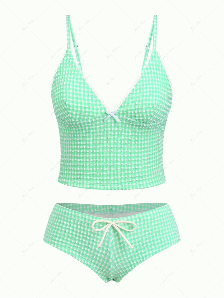 Green Bubble Grid Picot Trim Bowknot Cheeky Boyshorts Tankini Set