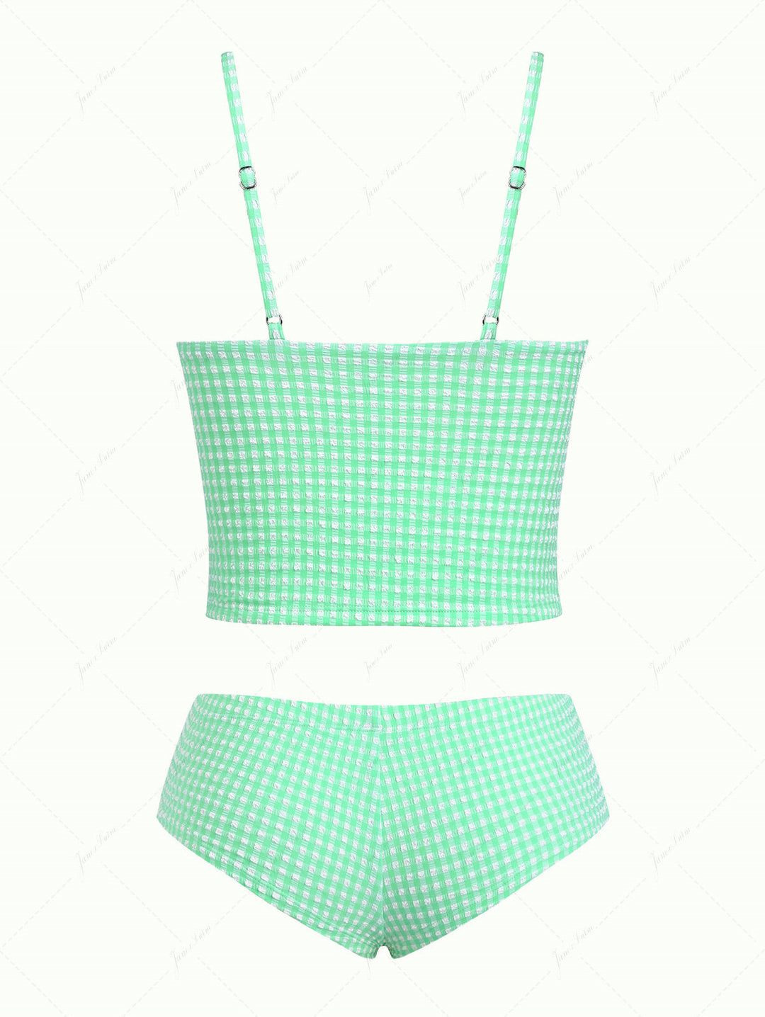 Green Bubble Grid Picot Trim Bowknot Cheeky Boyshorts Tankini Set
