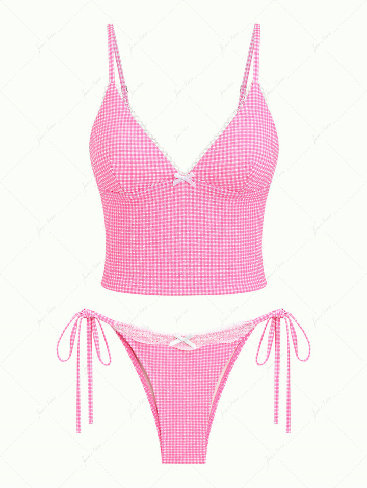 Light Pink Bubble Grid Picot Bowknot Tie Side Tankini Set