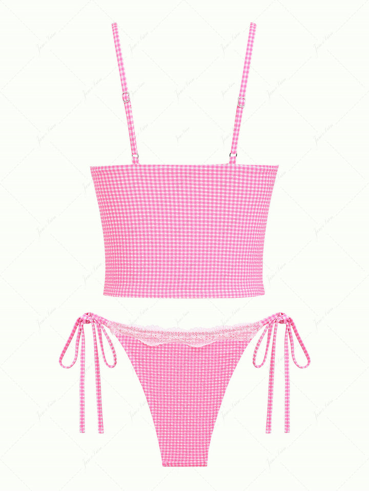 Light Pink Bubble Grid Picot Bowknot Tie Side Tankini Set