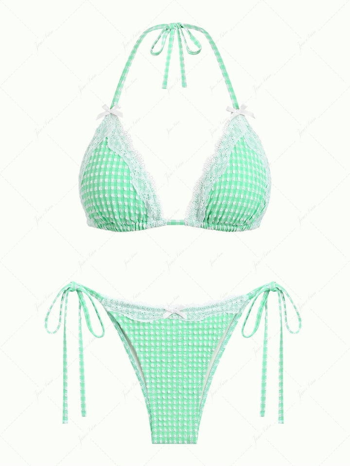 Green Bubble Grid Lace Bowknot Triangle Bikini Set
