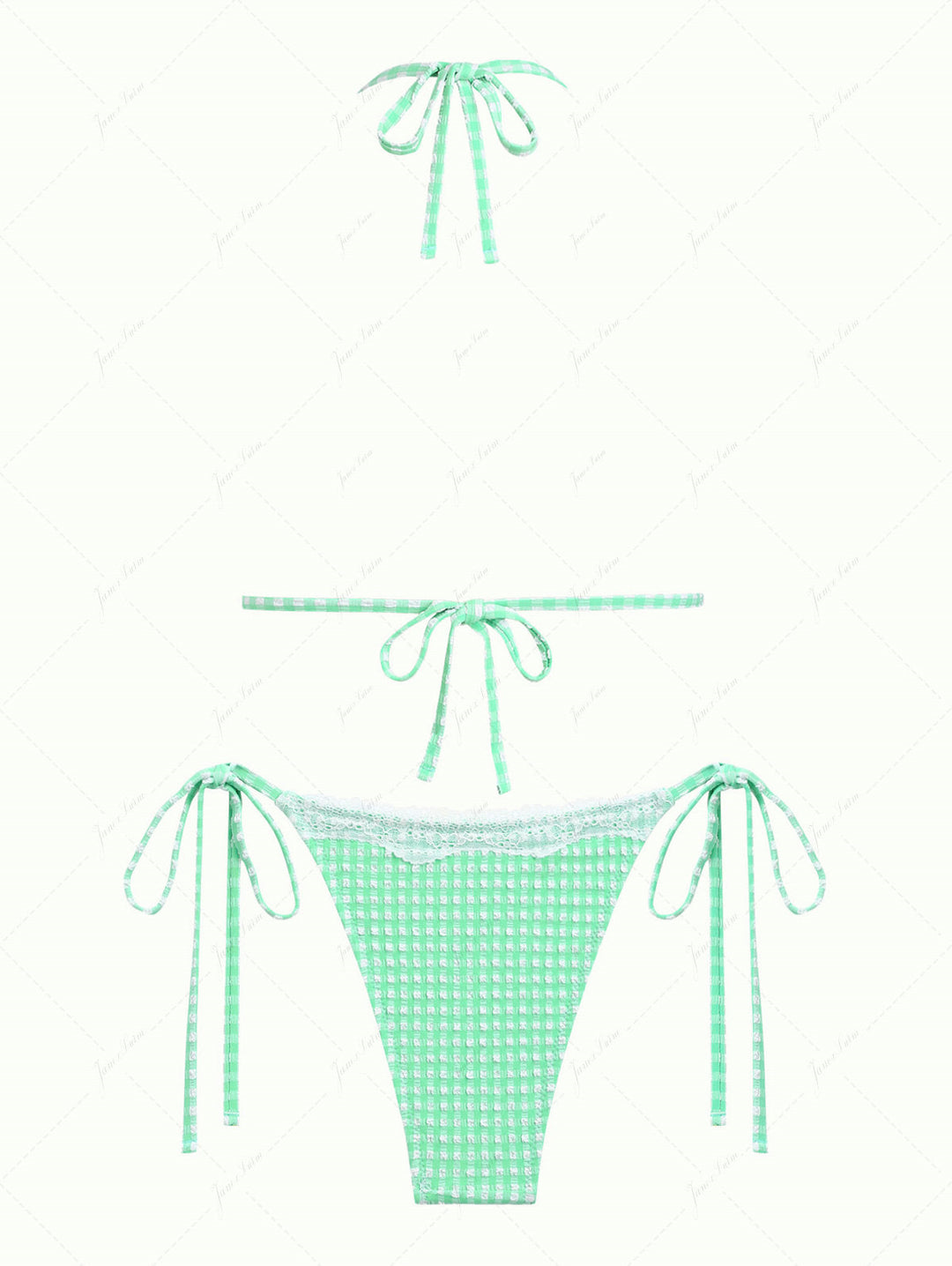 Green Bubble Grid Lace Bowknot Triangle Bikini Set
