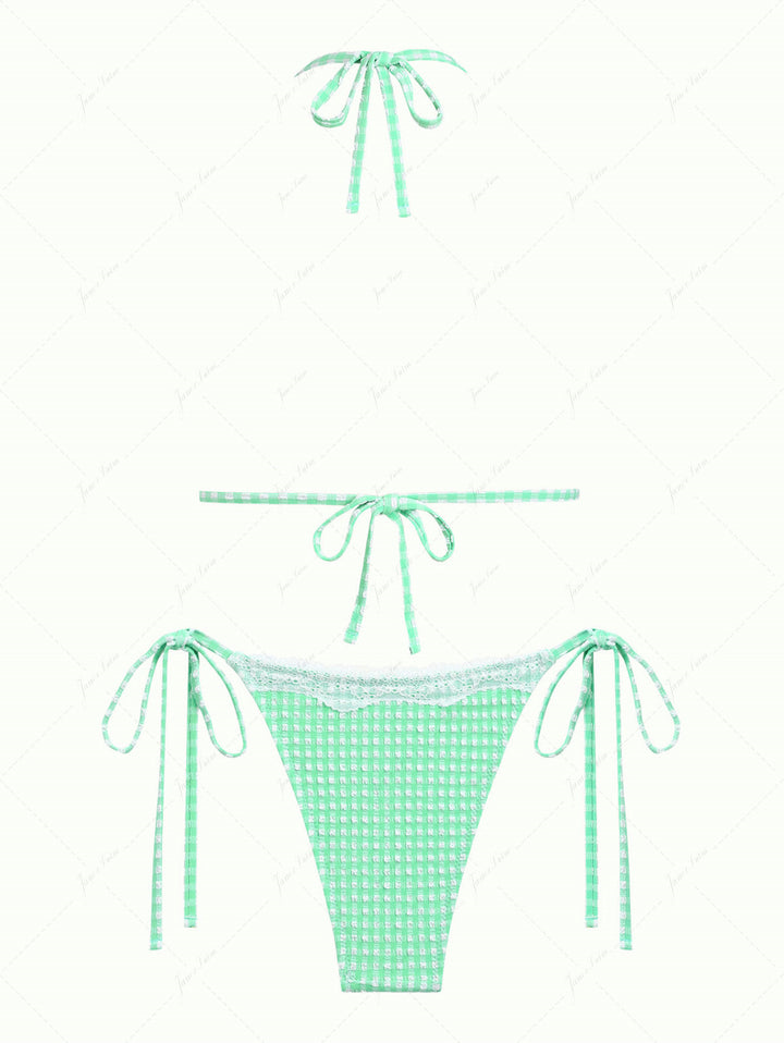 Green Bubble Grid Lace Bowknot Triangle Bikini Set