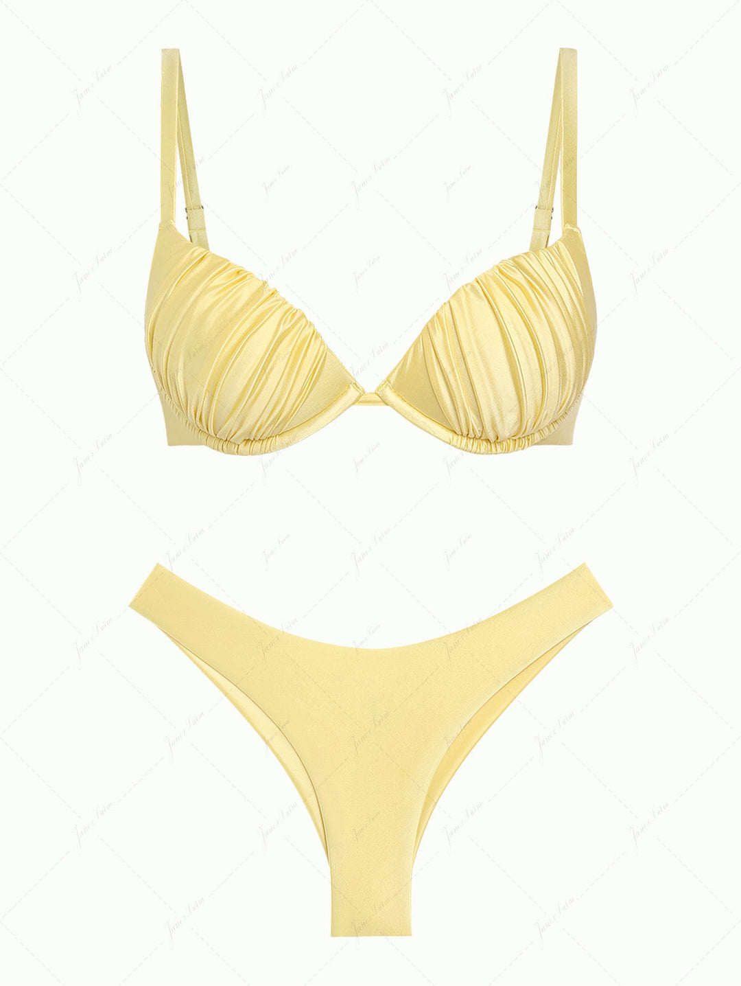Light Yellow Satin Ruched Underwire Push Up Top & Cheeky Brazilian Bottom Bikini Set