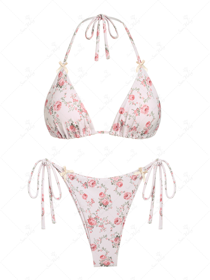 Seamolly Floral Print Bowknot Decor Halter Triangle Tie Side Bikini Set