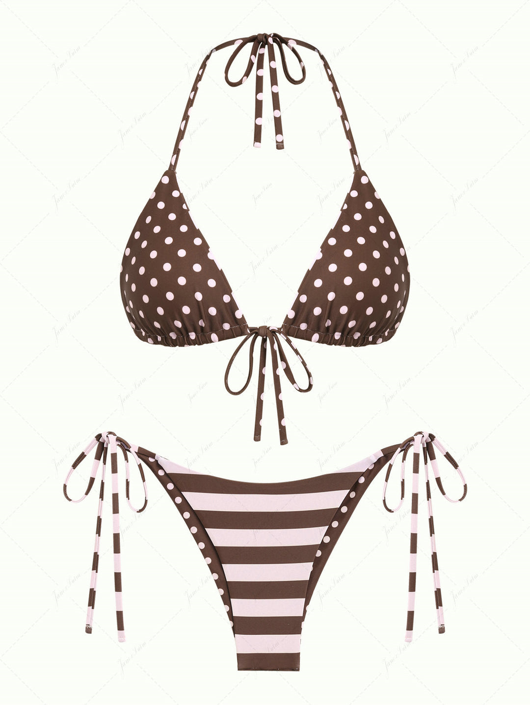 Pink Striped Polka Dot Print Reversible Triangle Top & Cheeky Brazilian Bottom Bikini Set