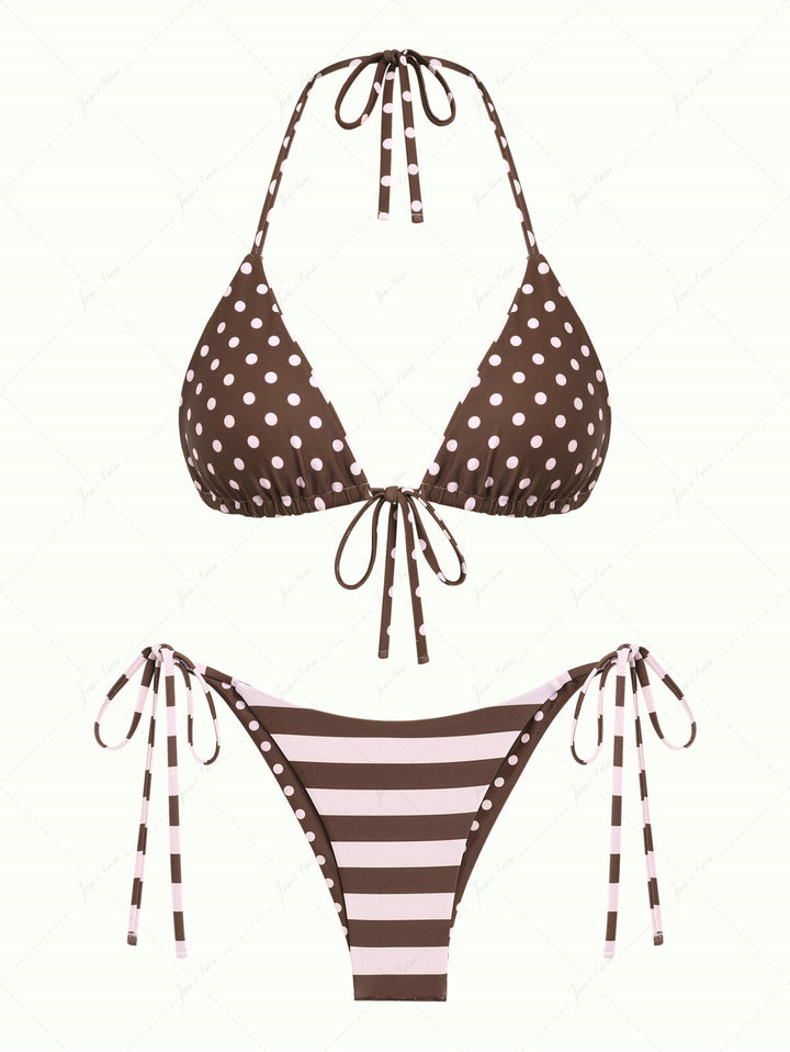 Pink Striped Polka Dot Print Reversible Triangle Top & Cheeky Brazilian Bottom Bikini Set