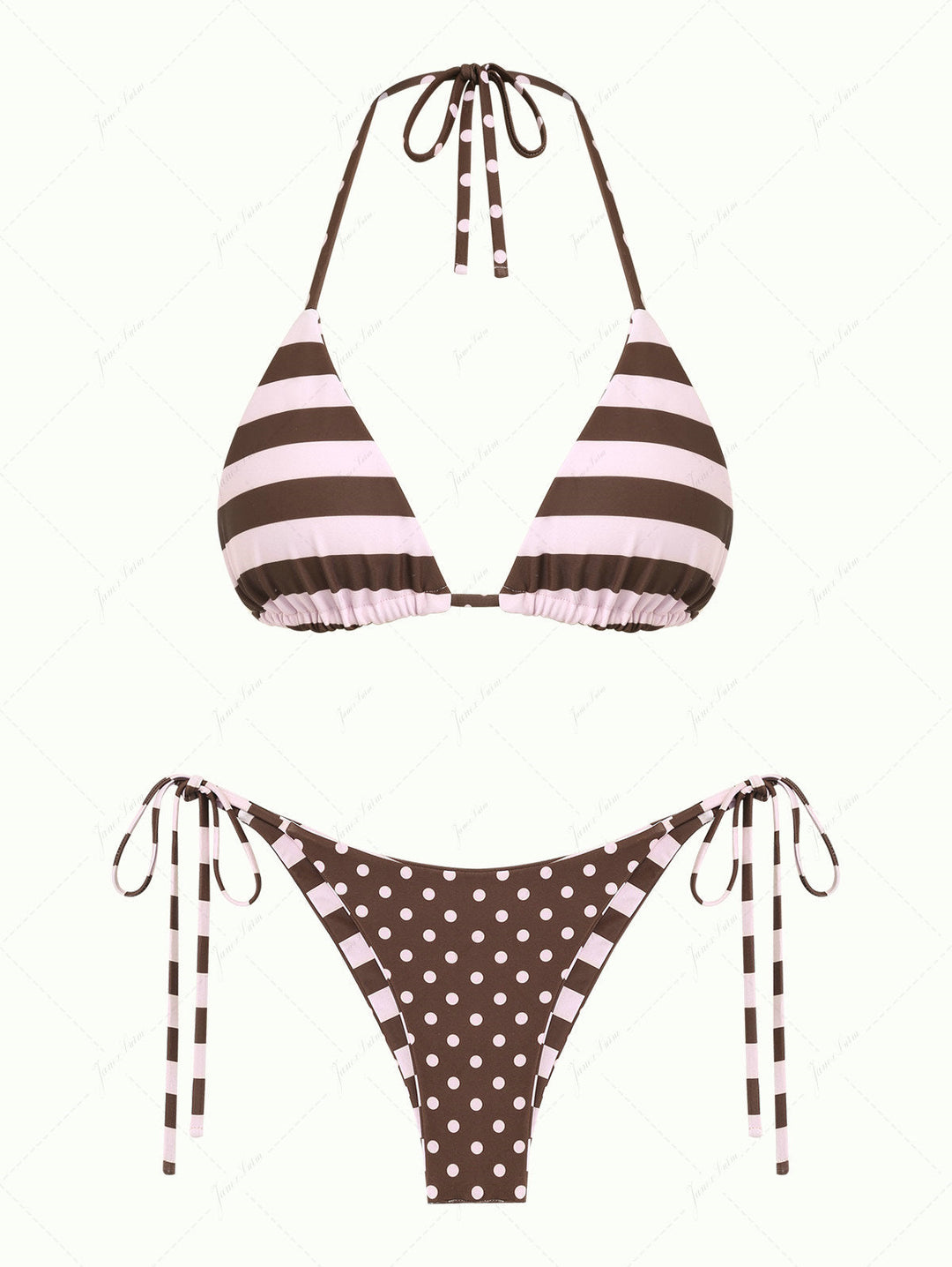 Pink Striped Polka Dot Print Reversible Triangle Top & Cheeky Brazilian Bottom Bikini Set
