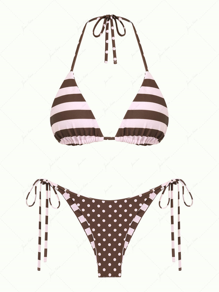 Pink Striped Polka Dot Print Reversible Triangle Top & Cheeky Brazilian Bottom Bikini Set
