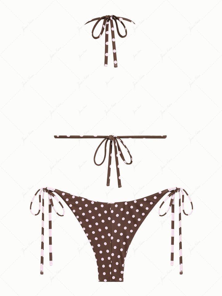 Pink Striped Polka Dot Print Reversible Triangle Top & Cheeky Brazilian Bottom Bikini Set