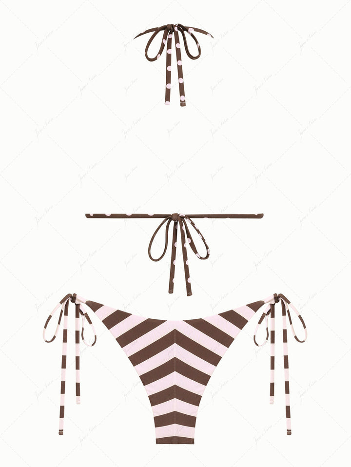 Pink Striped Polka Dot Print Reversible Triangle Top & Cheeky Brazilian Bottom Bikini Set