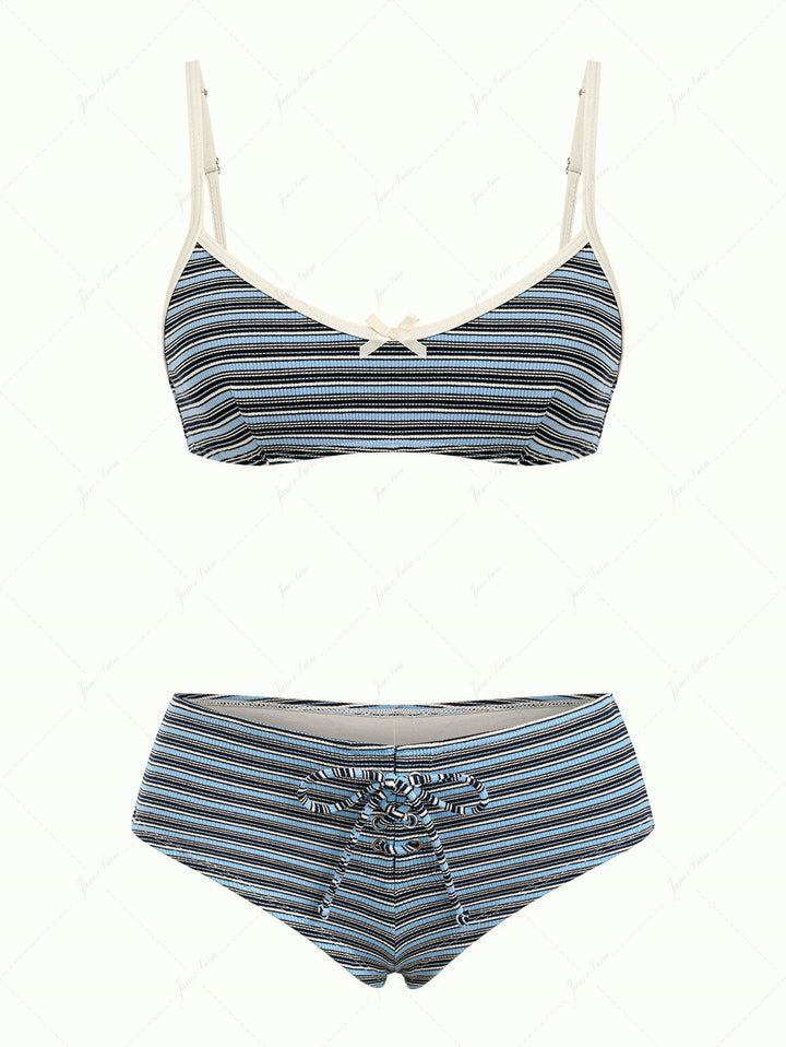 Blue Striped Bowknot Tank Style Lace Up Cheeky Boyshorts Bikini Set