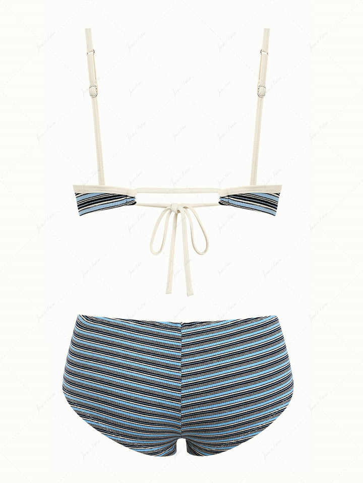 Blue Striped Bowknot Tank Style Lace Up Cheeky Boyshorts Bikini Set