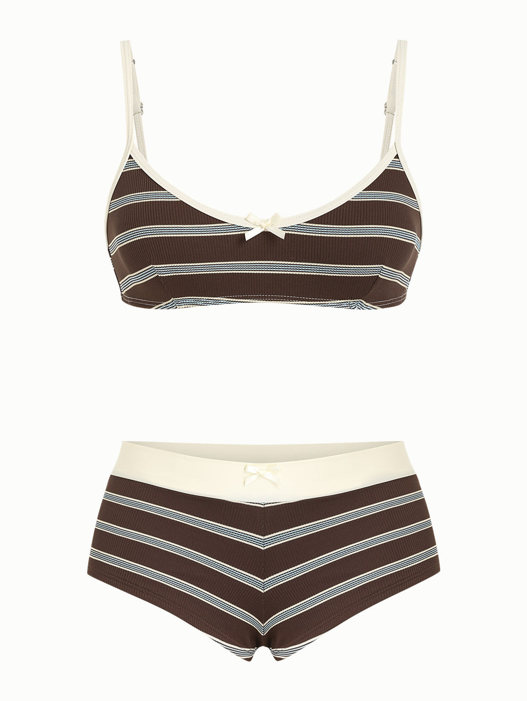 Deep Coffee Striped Bowknot Tank Style Cheeky Boyshorts Bikini Set