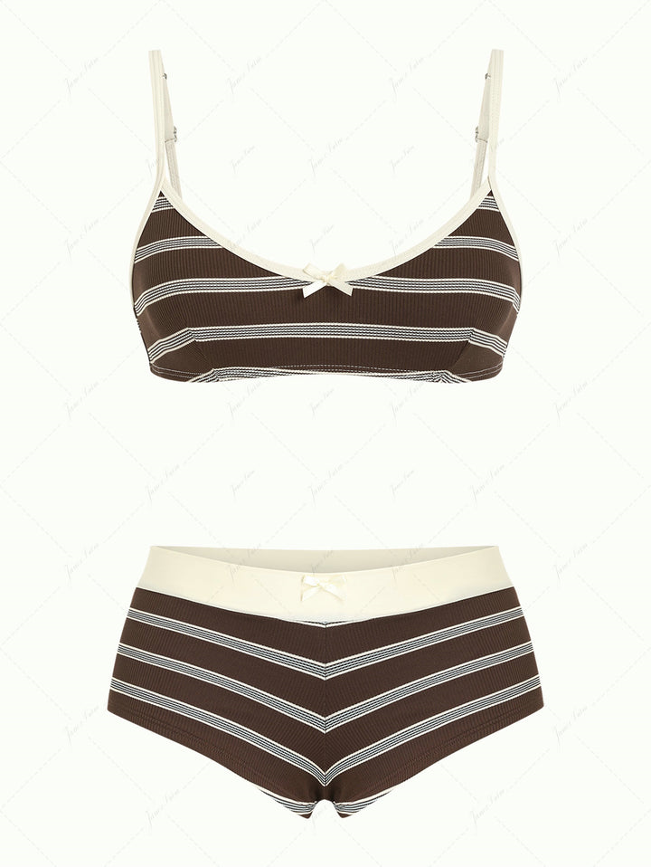 Deep Coffee Striped Bowknot Tank Style Cheeky Boyshorts Bikini Set