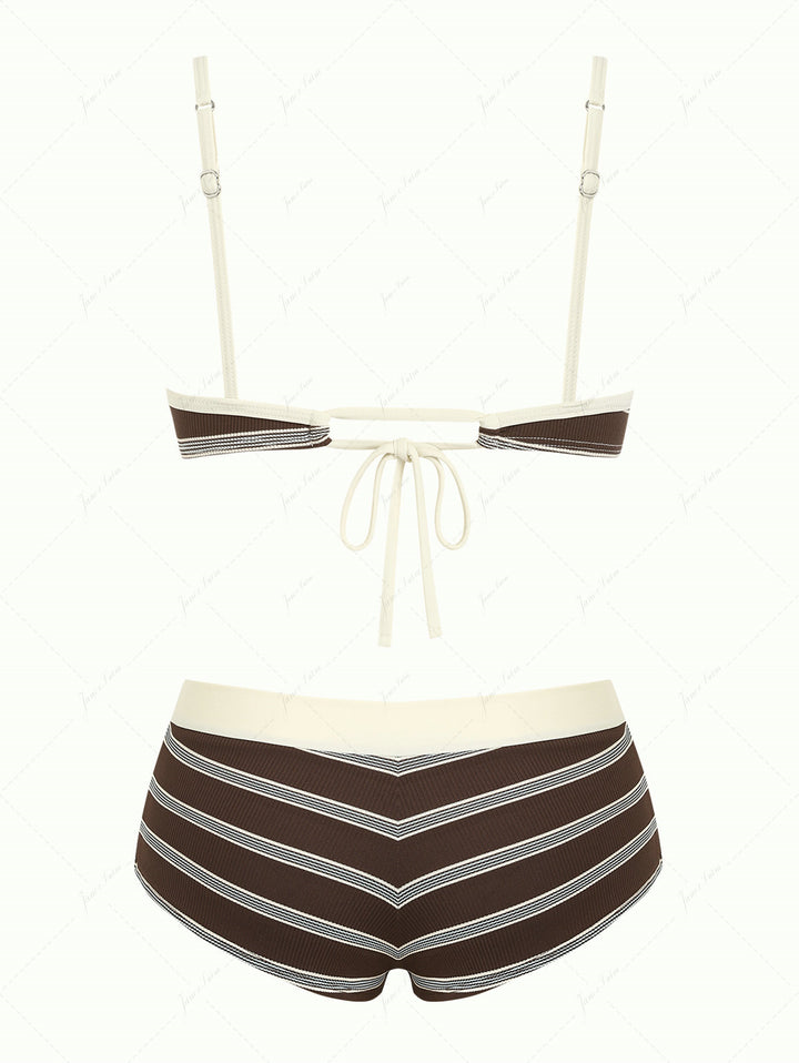 Deep Coffee Striped Bowknot Tank Style Cheeky Boyshorts Bikini Set