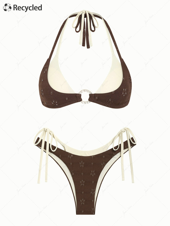 Deep Coffee Recycled Fabric Eyelet Jacquard O Ring Double Layer Bikini Set