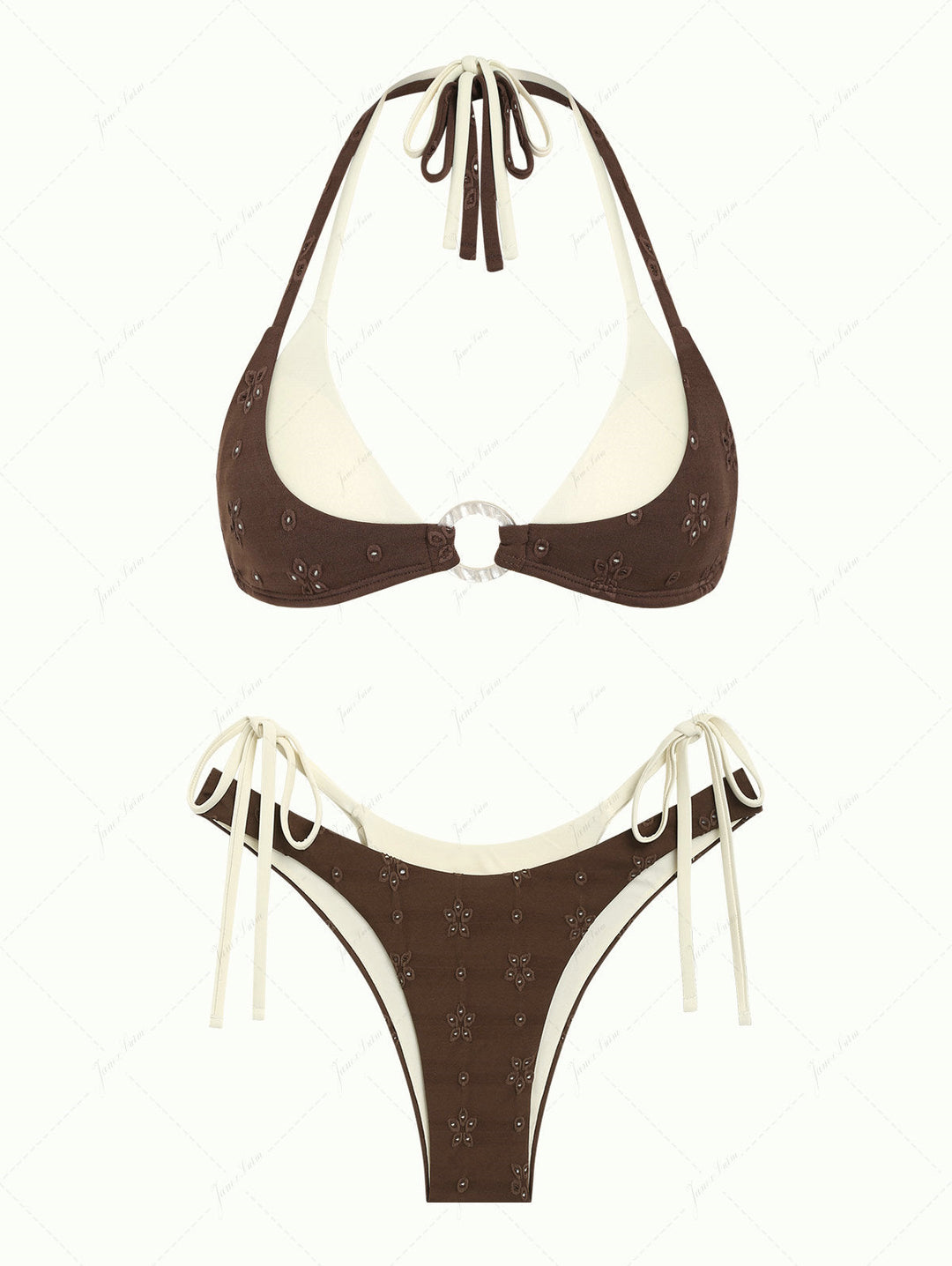 Deep Coffee Recycled Fabric Eyelet Jacquard O Ring Double Layer Bikini Set