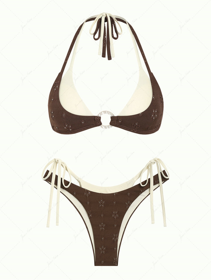 Deep Coffee Recycled Fabric Eyelet Jacquard O Ring Double Layer Bikini Set