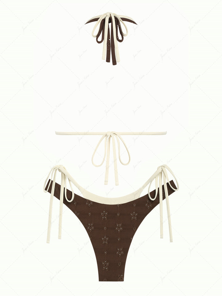 Deep Coffee Recycled Fabric Eyelet Jacquard O Ring Double Layer Bikini Set