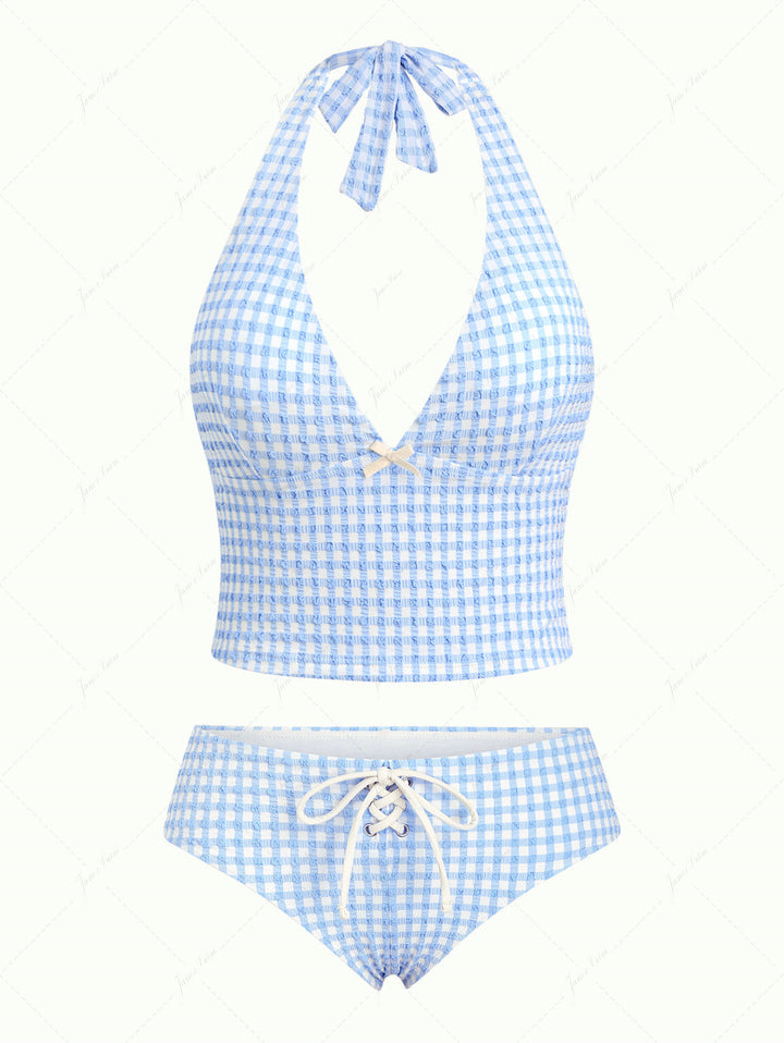 Light Blue Grid Textured Plunging Neck Halter Tied Tankini Set