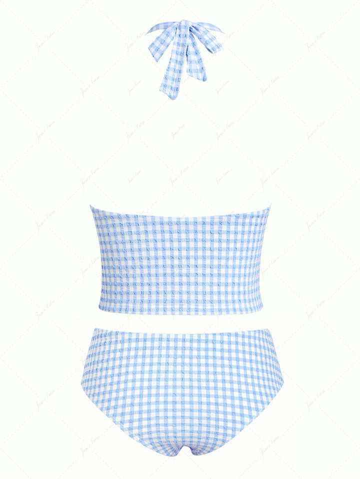 Light Blue Grid Textured Plunging Neck Halter Tied Tankini Set