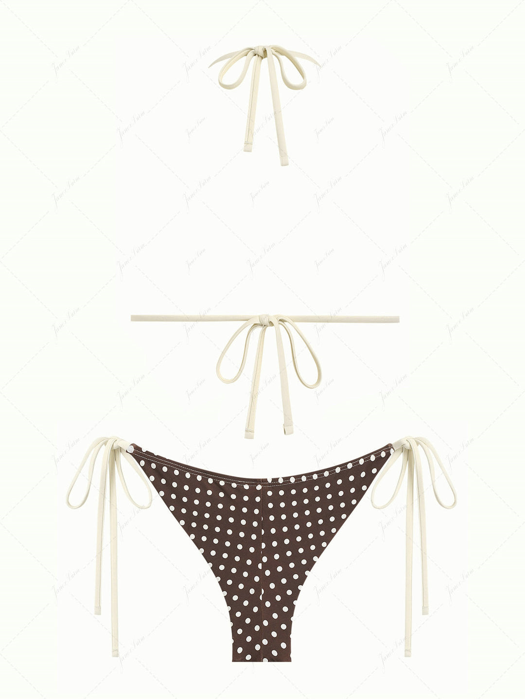 Deep Coffee Polka Dot Lace Bowknot Triangle Top & Cheeky Brazilian Bottom Bikini Set