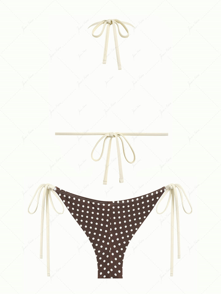 Deep Coffee Polka Dot Lace Bowknot Triangle Top & Cheeky Brazilian Bottom Bikini Set