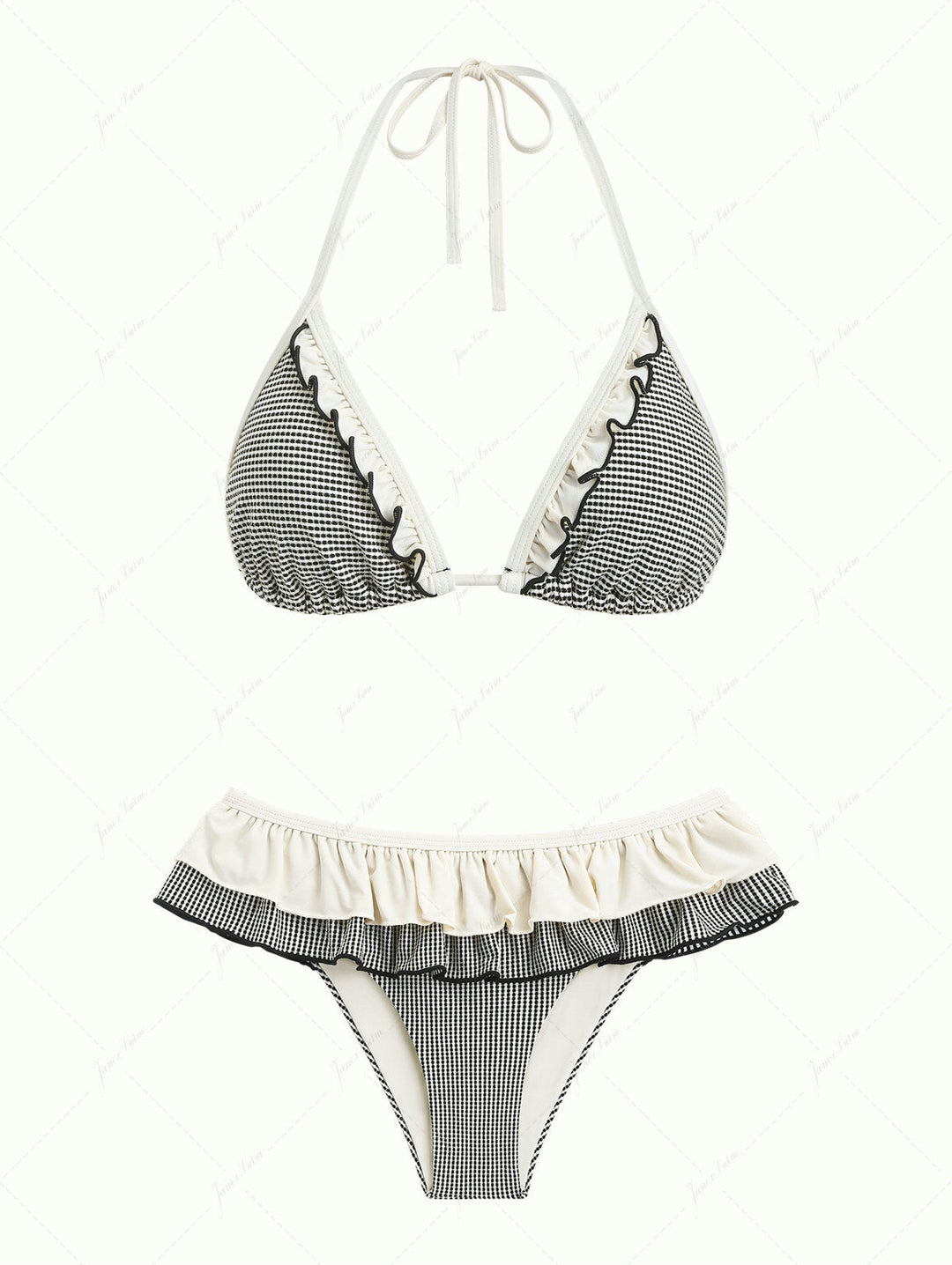 Crystal Cream Metallic Gold Yarn Knitted Fabric Ruffles Skirtini Bikini Set