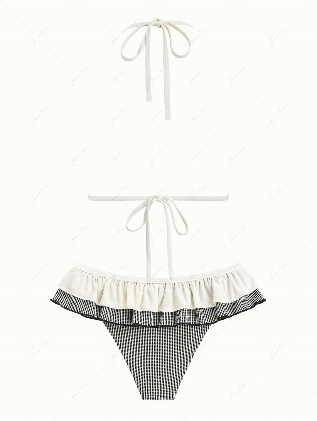 Crystal Cream Metallic Gold Yarn Knitted Fabric Ruffles Skirtini Bikini Set