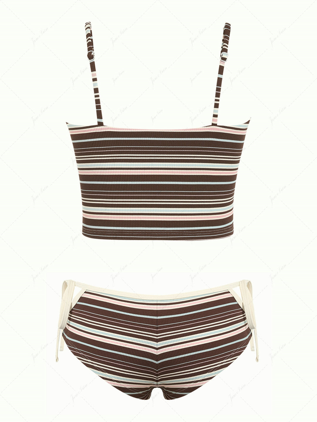 Deep Coffee Ribbed Striped Cutout Tie Side Cheeky Boyshorts Tankini Set