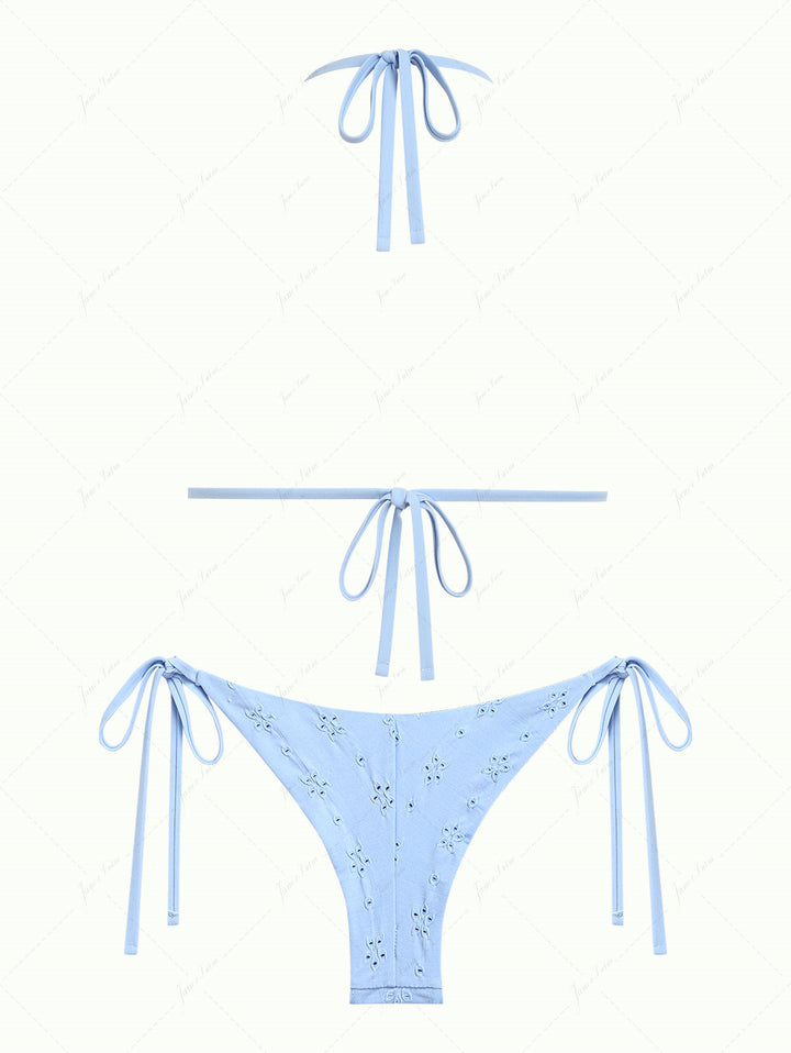 Light Blue Eyelet Jacquard Triangle Top & Cheeky Brazilian Bottom Bikini Set