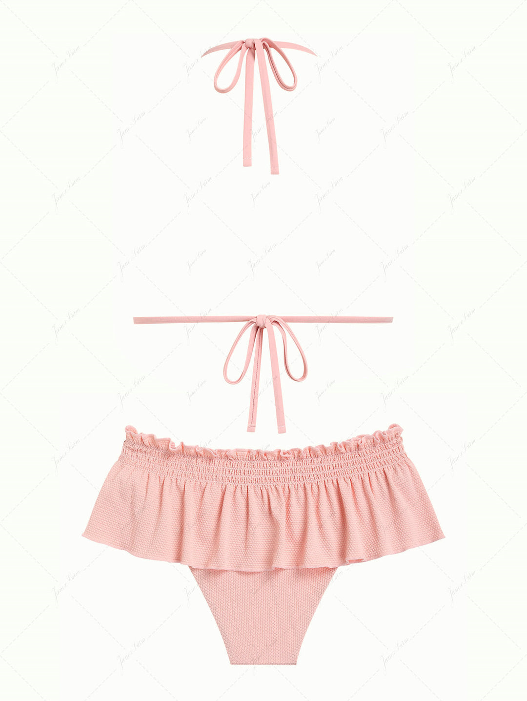 Pink Textured Knit Fabric Lace Bowknot Triangle Skirtini Bikini Set