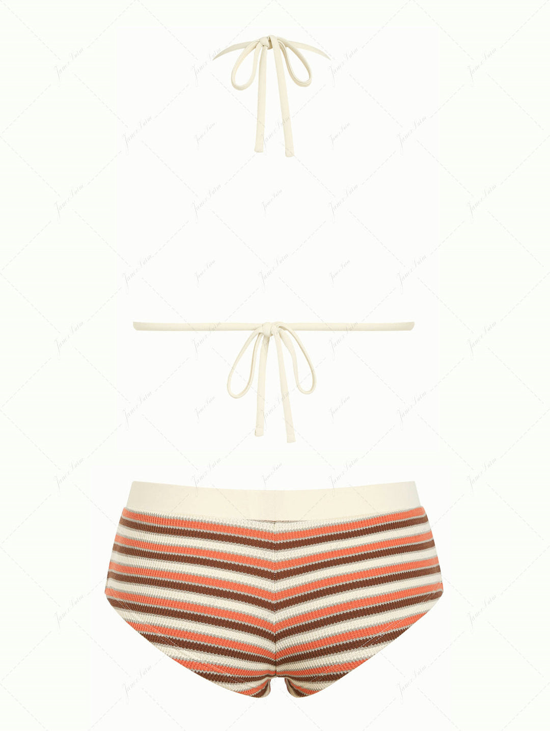 Burnt Orange Striped Textured Bowknot Triangle Cheeky Boyshorts Bikini Set